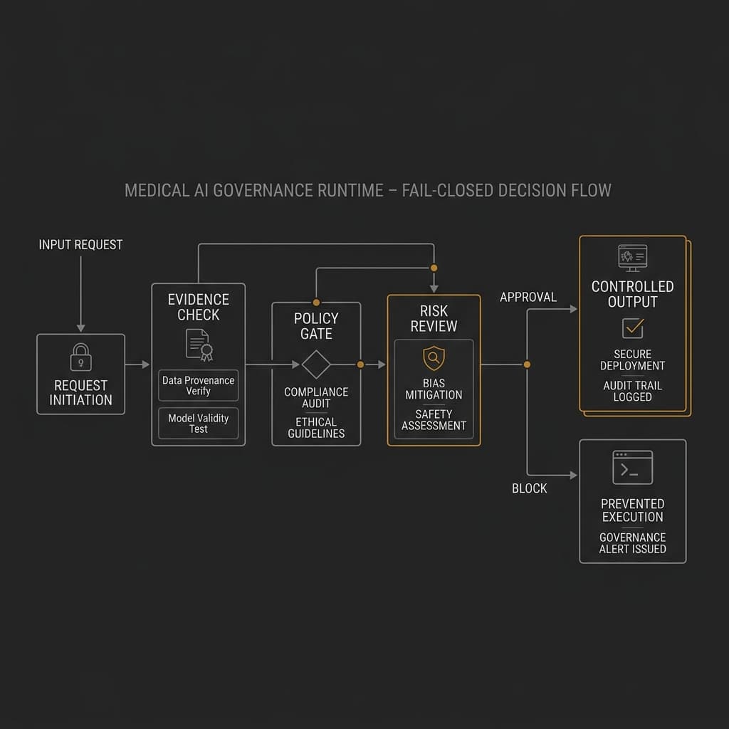 CCGE governance runtime diagram for evidence-sensitive medical and bio governance flows.
