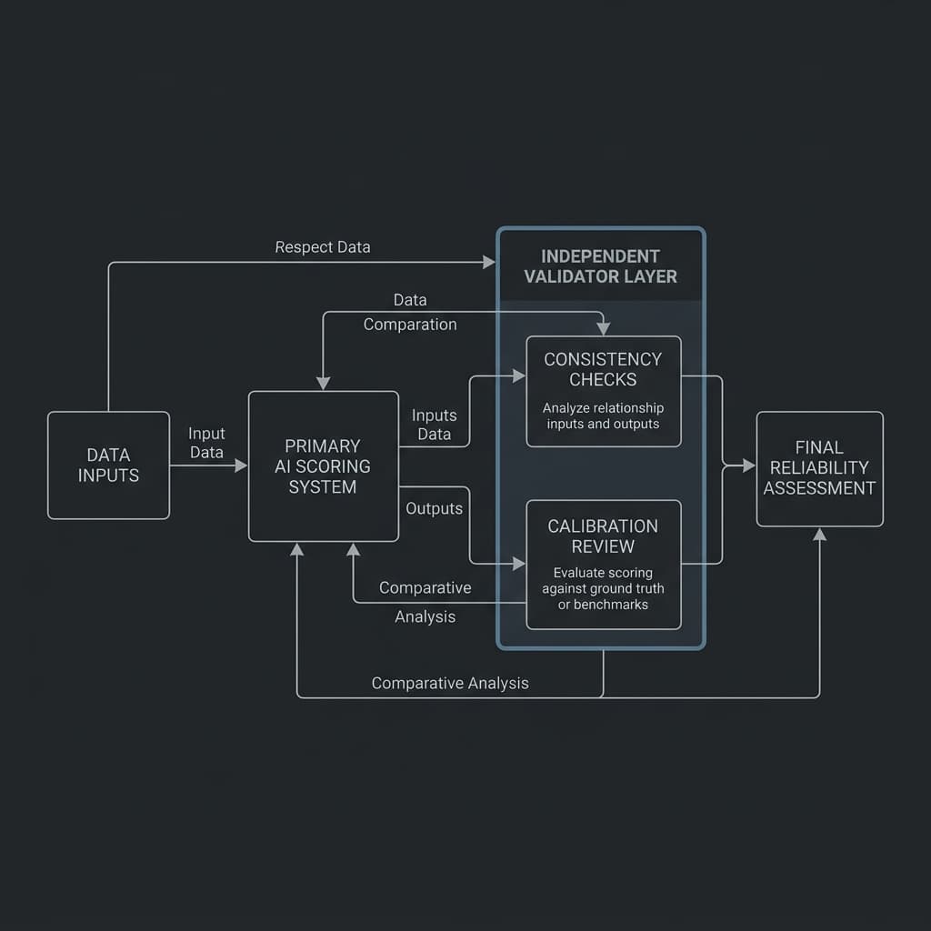 Independent validation diagram showing a scoring system, validation layer, calibration checks, and final reliability assessment.