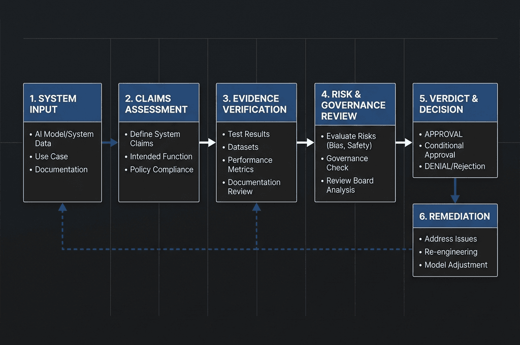 Governance review flow showing system input, claims assessment, evidence verification, governance review, verdict, and remediation.