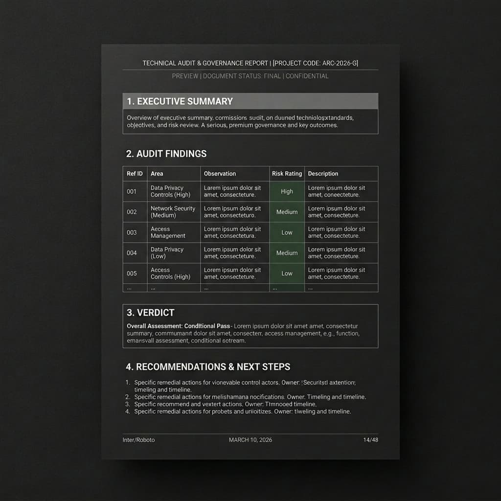 Sanitized sample report preview showing executive summary, audit findings, verdict, and recommendations.