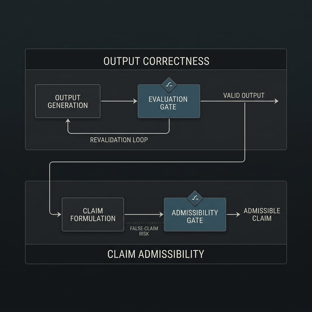 SPAR review diagram contrasting output correctness with claim admissibility and false-claim risk.